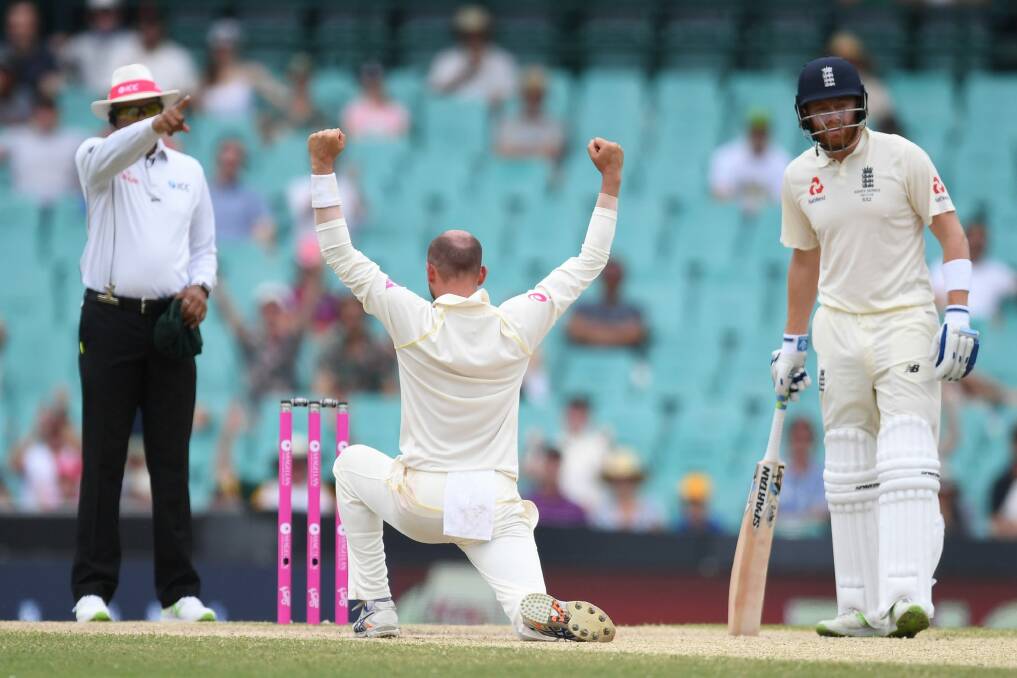 The champ: Nathan Lyon claims an Ashes wicket. Photo: Dean Lewins