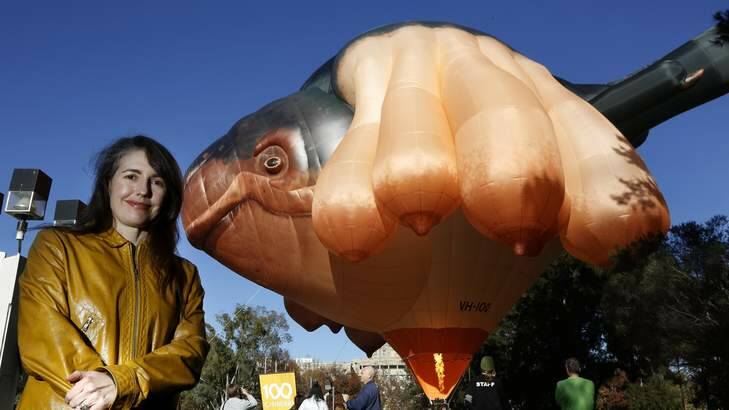 Patricia Piccinini with her work Skywhale at the National Gallery of Australia. Photo: Jeffrey Chan