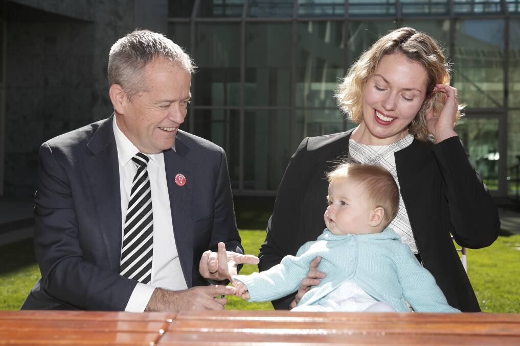 Labor leader Bill Shorten with the party's candidate for Canberra Alicia Payne and her son Paul. Photo: Alex Ellinghausen