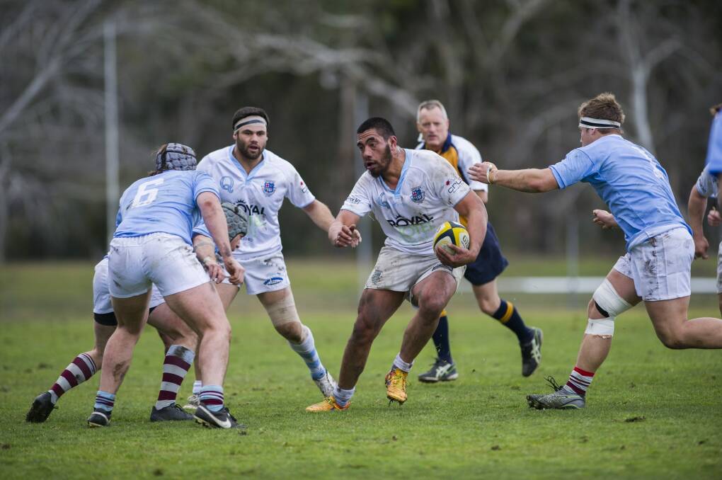 Queanbeyan's Tai Valeni looks for a way through the Wests' defence in Saturday's John I Dent Cup match at Jamison Oval. 
 Photo: Rohan Thomson