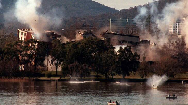 The infamous Canberra Hospital implosion in July 1997, which killed Canberra schoolgirl Katie Bender. Photo: Graham Tidy