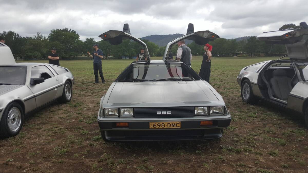Seven Deloreans were spotted near the Watson shops at the weekend. Photo: Supplied