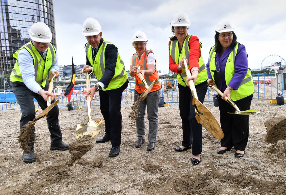 State Development Minister Cameron Dick, Tourism Minister Kate Jones, Premier Annastacia Palaszczuk and Industrial Relations Minister Grace Grace turning the first sod at Queen's Wharf on March 8 with gold shovels. Photo: AAP Image/ Darren England