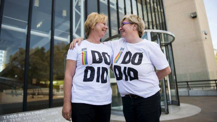 Veronica and Krishna Wensing outside the High Court, after the ACT's same sex marriage laws were overturned. Photo: Rohan Thomson