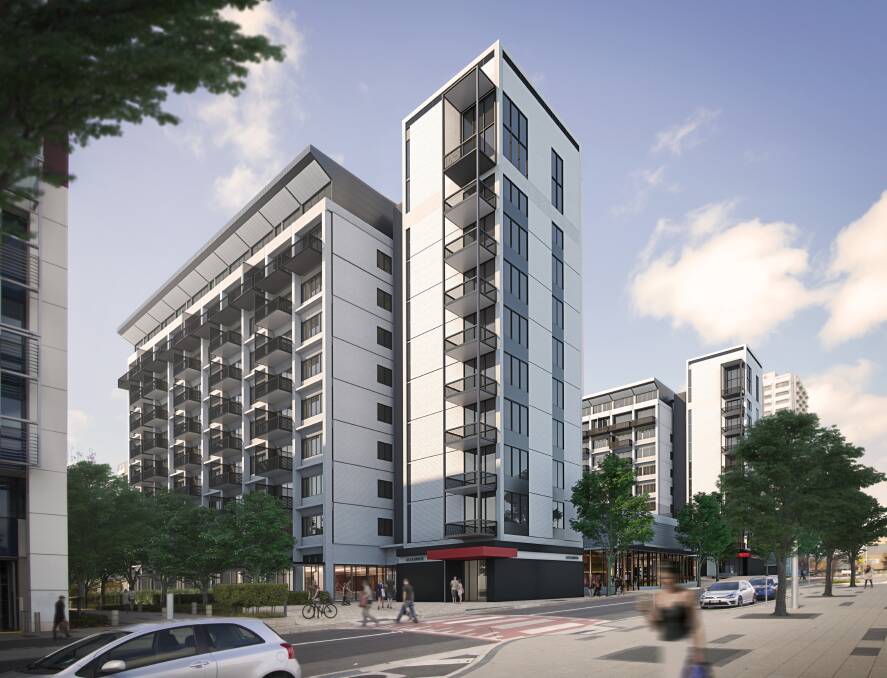 An artist's impression of Doma Groups's proposed 'rebirth' of the Alexander and Albemarle buildings in Woden from Furzer Street. Photo: Supplied