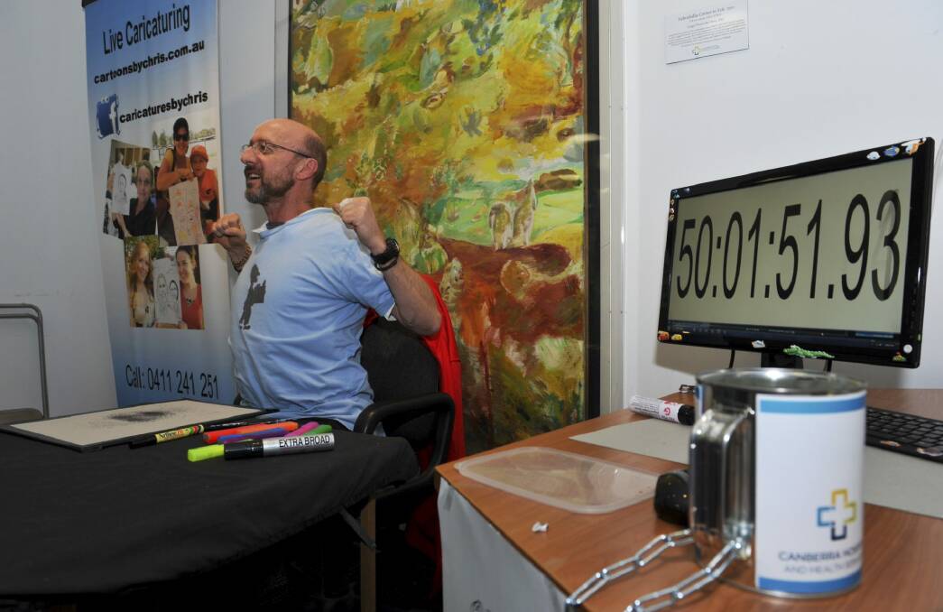 Chris Wilson breaks the Guinness World record for caricature drawing. Photo: Graham Tidy