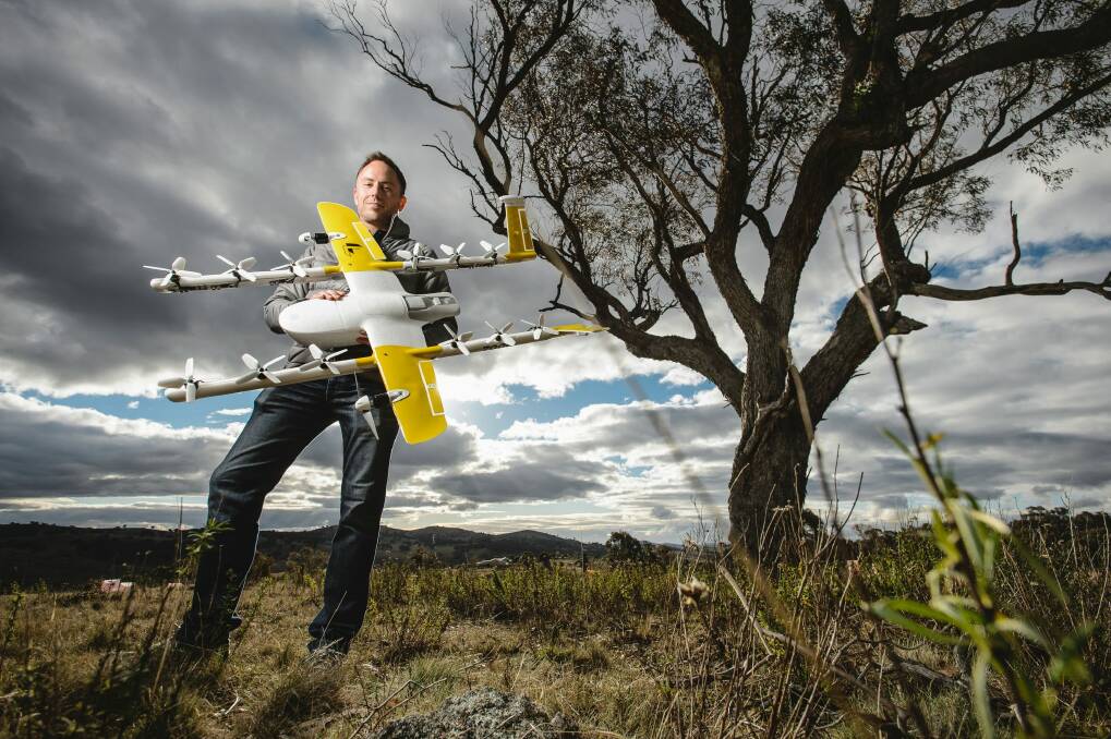 Project Wing co-leader James Ryan Burgess with the delivery drone set to be trialled at Fernleigh Park.  Photo: Sitthixay Ditthavong