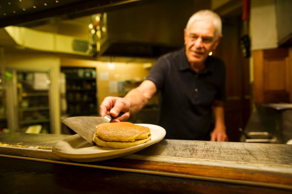 Philip Barton of Capital Pancakes, formerly the Pancake Parlour, demonstrating how to make a pancake.  Photo: Dion Georgopoulos