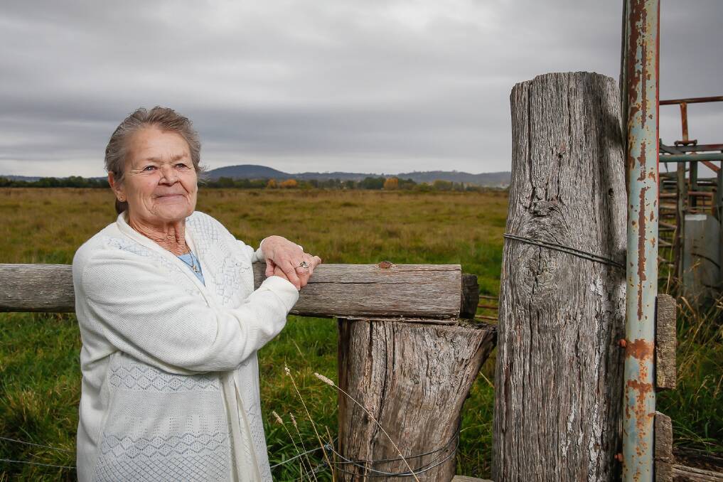 Marie Kelly, a former owner of Kelly's Dairy from 1956 to 1984, with some of the old dairy cattle yards on the Jerrabomberra Wetlands. Photo: Matt Bedford