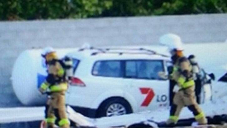 A stolen Seven News car was crashed into a gas tank at a service station at Eumundi, near Noosa. Photo: Seven News