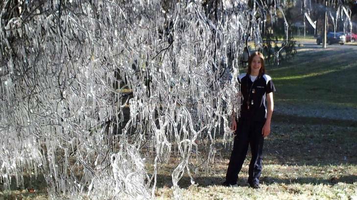 Reader Peter Richens took this photo on the way to work on Wednesday, at Telopea Park. The tree has turned into icicles. In the photo is Callum Richens. Photo: Peter Richens