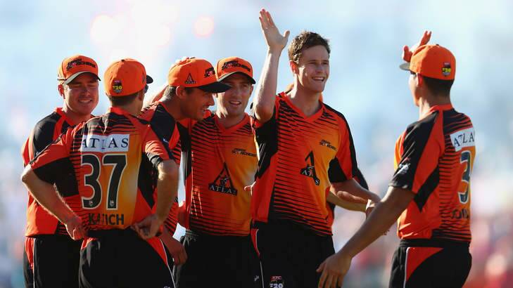 Jason Behrendorff of the Scorchers celebrates taking the wicket of Peter Forrest of the Heat during the Big Bash League final match on January 19, 2013 in Perth. Photo: Getty Images