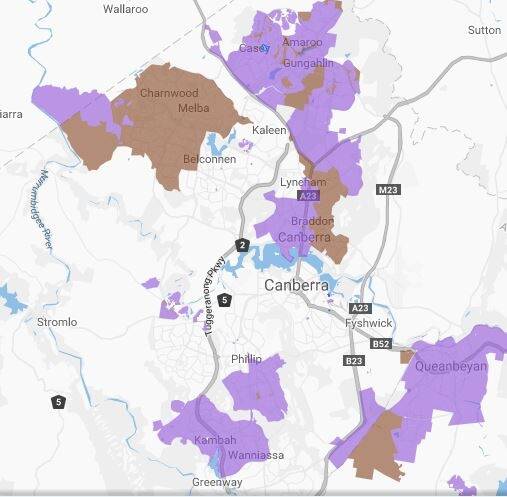 A progress map of the nbn rollout in the ACT. Nbn service is available in the purple areas, while the brown shows areas where construction is underway. Photo: NBN Co