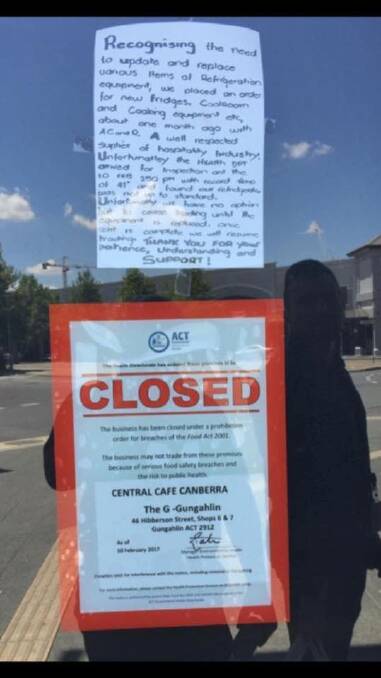 A left on the door of the Central Cafe in Gungahlin. The note appeared above a closure notice. Photo: Facebook