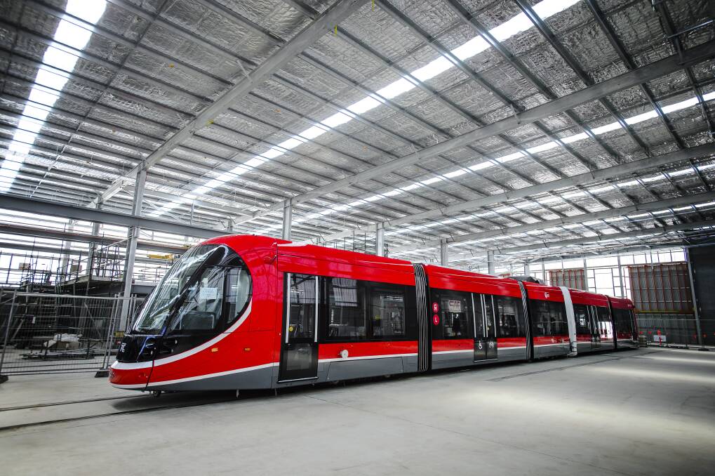 Canberra's first light rail vehicle at its depot in Mitchell. A federal parliamentary inquiry has launched an inquiry into the second stage of the project.  Photo: Sitthixay Ditthavong
