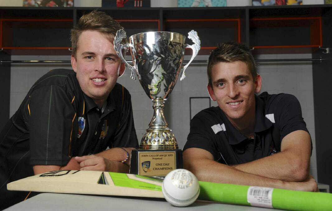 Weston Creek Molonglo batsman Robbie Trickett with Dean Solway from Queanbeyan ahead of the Gallop Cup one-day grand final at Manuka Oval on Sunday. Photo: Graham Tidy