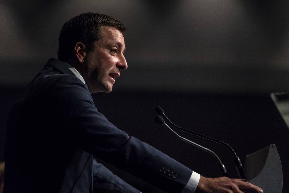 Matthew Guy launching a series of law and order policies at the Liberal state conference. Photo: The Age