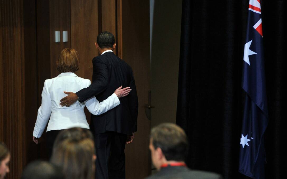 Barack Obama with Julia Gillard in 2011. Photo: Graham Tidy