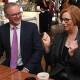 Labor Leader Anthony Albanese shares a coffee with former prime minister Julia Gillard in Adelaide.