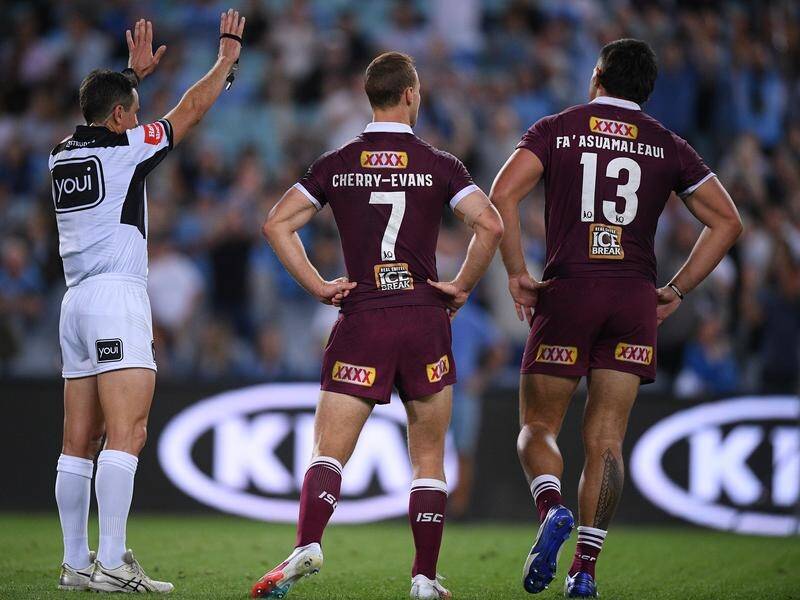 Tino Fa'asuamaleaui (r) was sinbinned along with NSW prop Payne Haas in 2020 for punching.