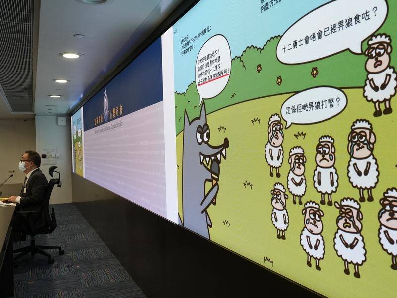 Hong Kong police say children's stories of wolves and sheep aim to incite hatred of the government.