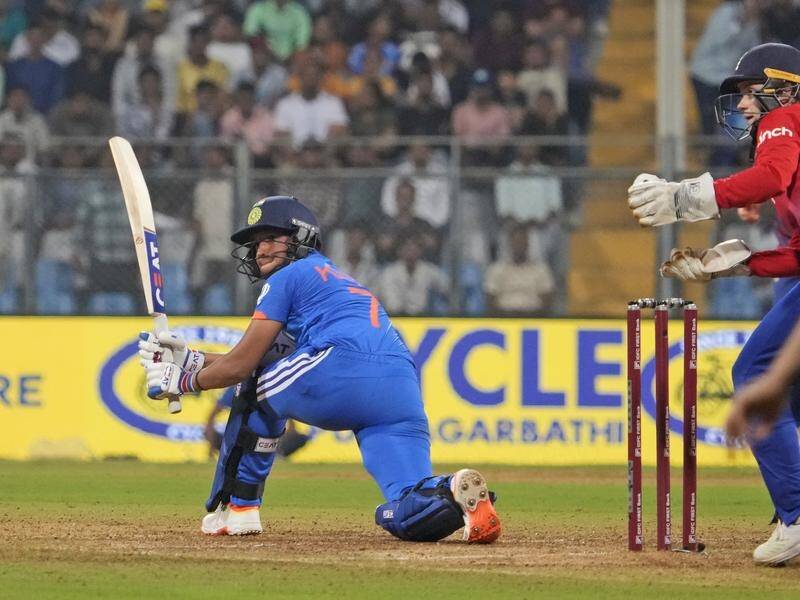 Smriti Mandhana on her way to scoring 48 in India's T20 triumph over England in Mumbai. (AP PHOTO)