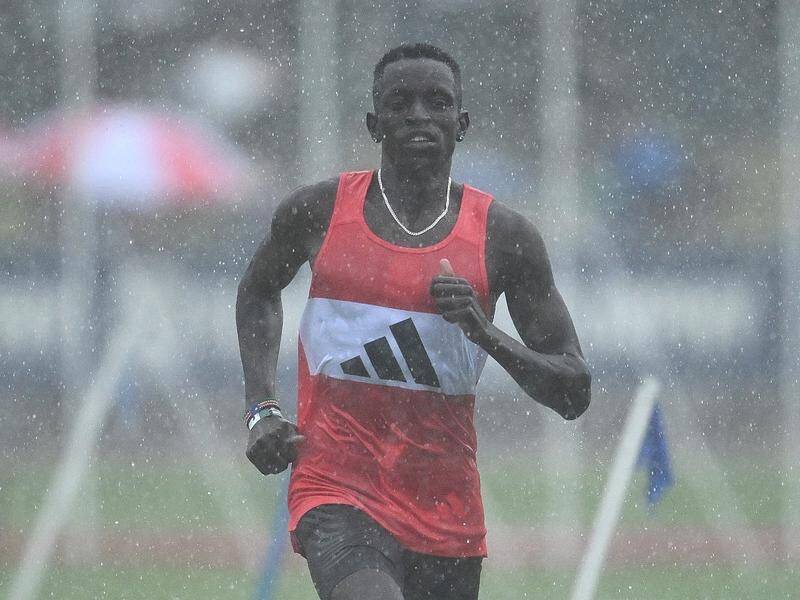 Peter Bol ran through the rain to finish second in the 1000m handicap race at the Stawell carnival. (Joel Carrett/AAP PHOTOS)