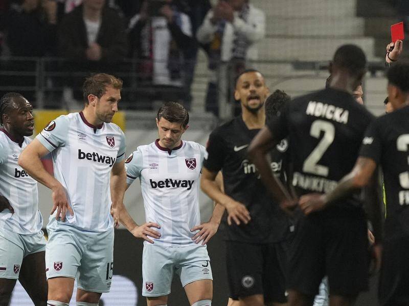 West Ham's Aaron Cresswell (c) is sent off in their 1-0 loss to Frankfurt in their Europa semi.