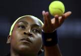 Coco Gauff serving on her way to victory and a place in the quarter-finals in Stuttgart. (AP PHOTO)