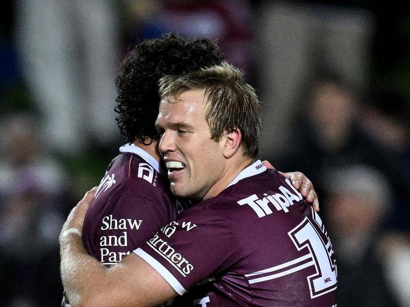 Jake Trbojevic (right) celebrating during Manly's triumph over New Zealand Warriors.
