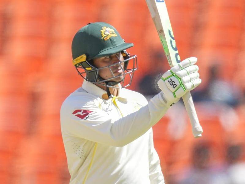 Usman Khawaja was dismissed for 180, his highest Test score against India, as Australia made 480. (AP PHOTO)