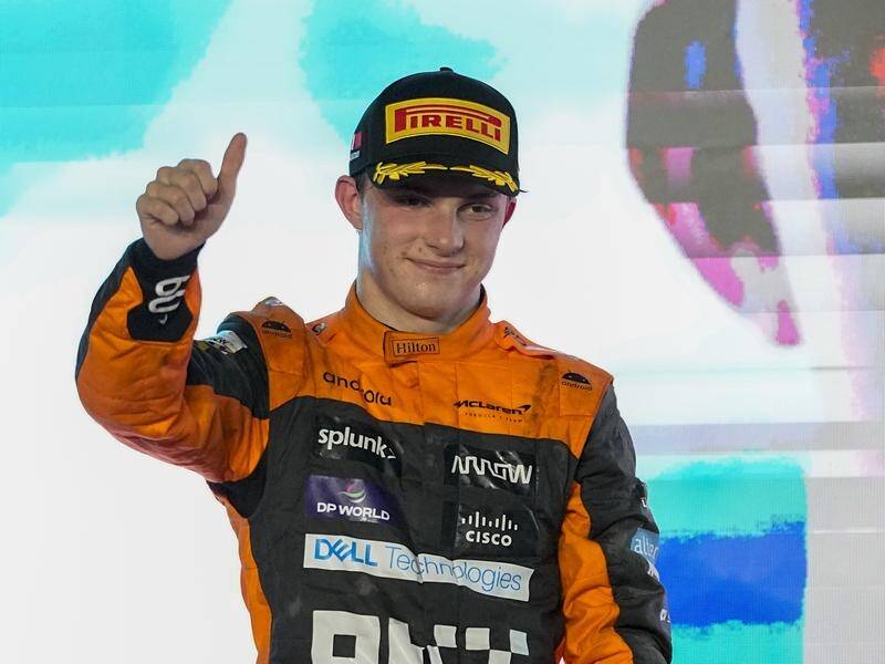 Second placed driver Oscar Piastri of Australia celebrates after the Qatar Formula One grand prix. (AP PHOTO)