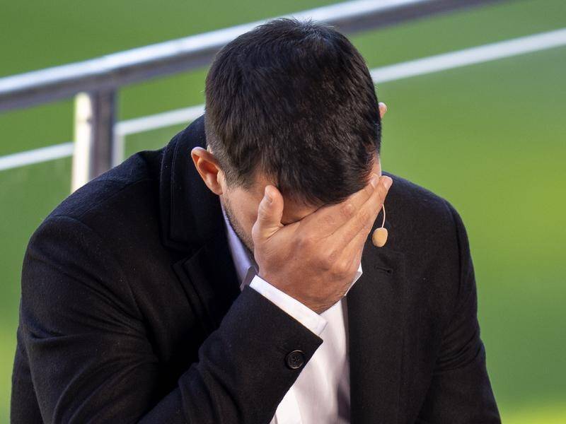 Barcelona great Sergio Aguero breaks down during his retirement announcement at the Camp Nou.