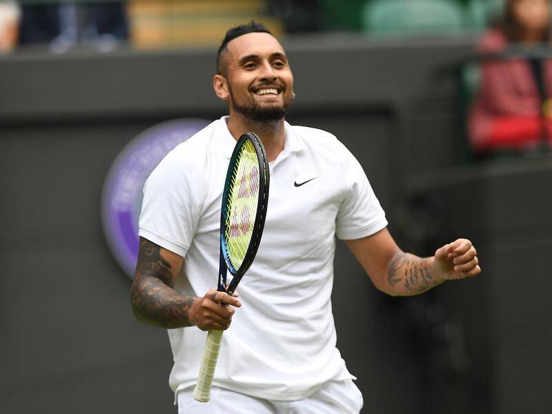 Nick Kyrgios celebrates one of the best wins of his amazing career at Wimbledon.