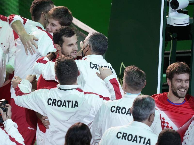 Croatia celebrate the doubles win by Mate Pavic and Nikola Mektic at the Davis Cup Finals.