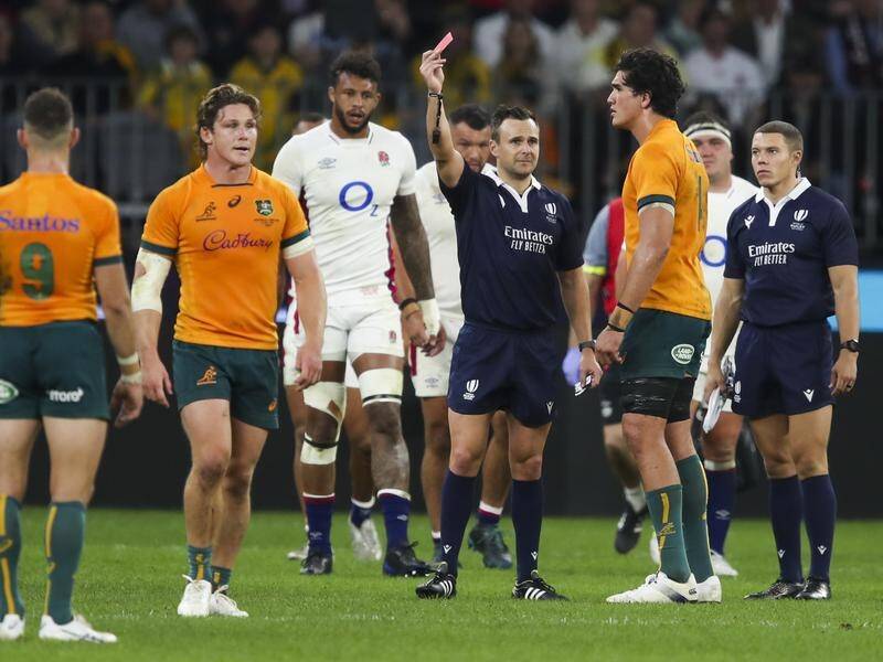 Australia's Darcy Swain (third right) is shown a red card by referee James Doleman against England.