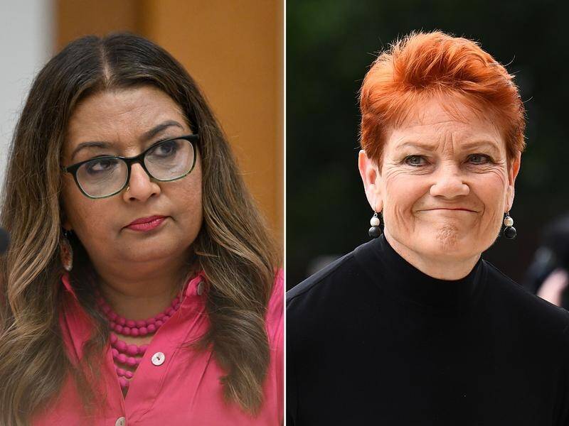Senators Mehreen Faruqi and Pauline Hanson are facing off in court over an allegation of racism. (Lukas Coch / Jono Searle/AAP PHOTOS)
