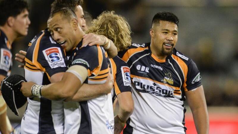 Folau Faingaa (right) scored three tries in the Brumbies' Super Rugby win over the Blues. Picture: Elesa Kurtz