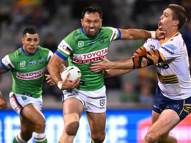 Canberra's Jordan Rapana (centre), who is 35 this year, is considering playing another NRL season. (Lukas Coch/AAP PHOTOS)