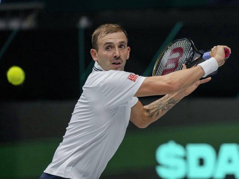 Dan Evans en route to his singles win over Adrian Mannarino in their Davis Cup group tie.