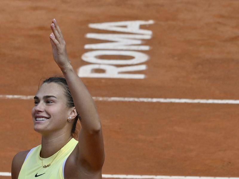 Belarus star Aryna Sabalenka celebrates her win over Jelena Ostapenko in the Italian Open. (AP PHOTO)