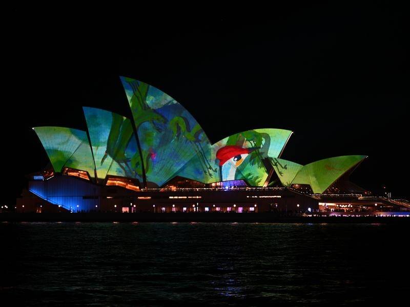 The sails of the Opera House are lit up on the opening night of Vivid Sydney 2023. (Dean Lewins/AAP PHOTOS)