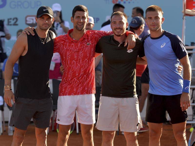 Novak Djokovic (2nd left) with Grigor Dimitrov (l), Viktor Troicki and Borna Coric (r) in Zadar.