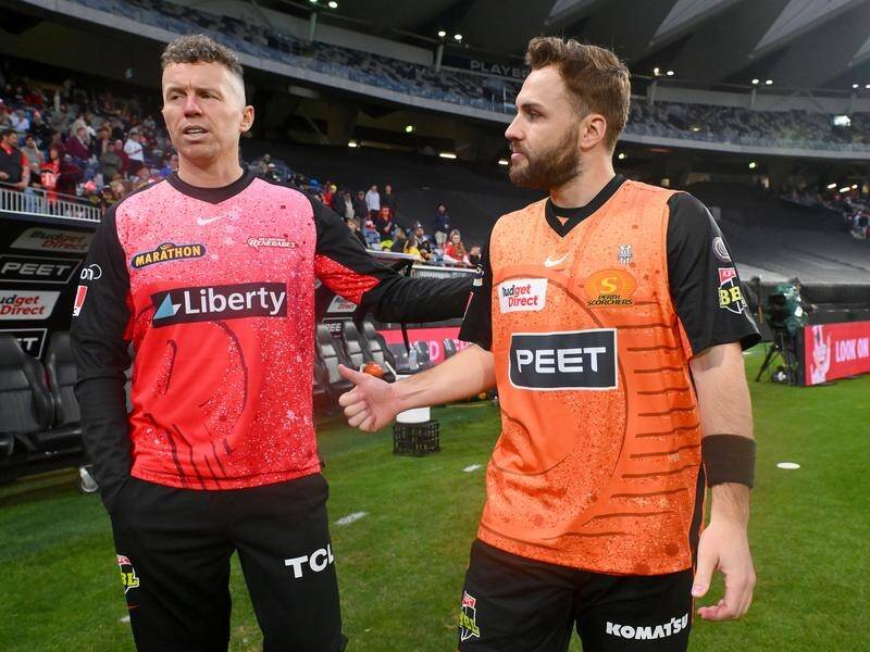 Renegades' Peter Siddle and Scorchers' Josh Inglis chat after their abandoned BBL match in Geelong. (Morgan Hancock/AAP PHOTOS)