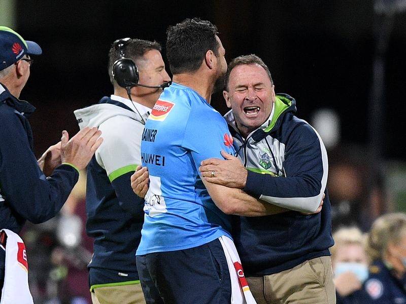 Raiders coach Ricky Stuart showing real emotion following their win over the Roosters.