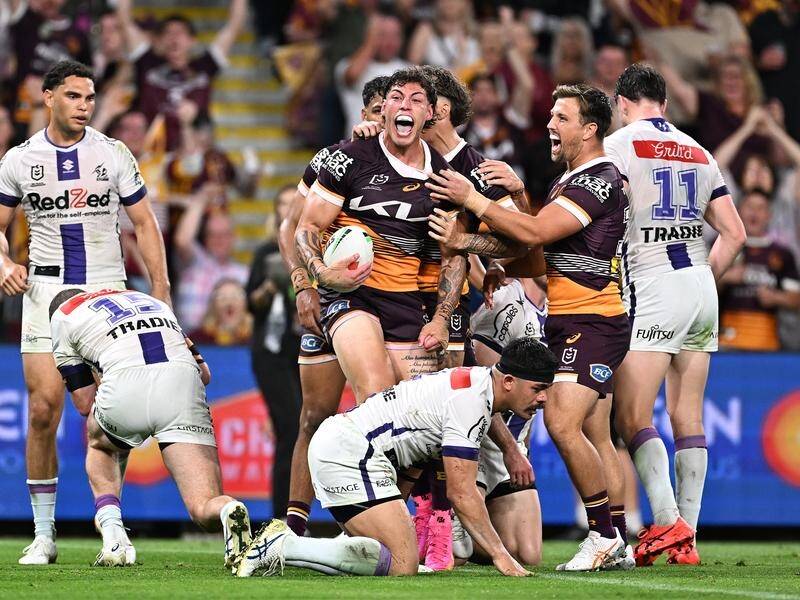 Brisbane's Jordan Riki celebrates a try in the 26-0 win over Melbourne at Suncorp Stadium in 2023. (Dave Hunt/AAP PHOTOS)