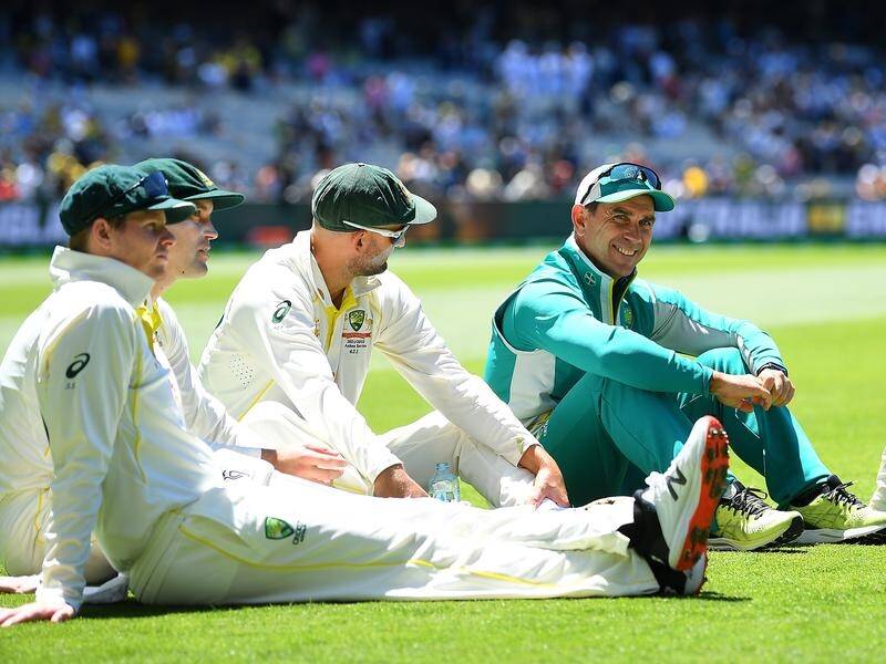 A relaxed moment for Australia coach Justin Langer and Test players during the 2021-22 Ashes series.