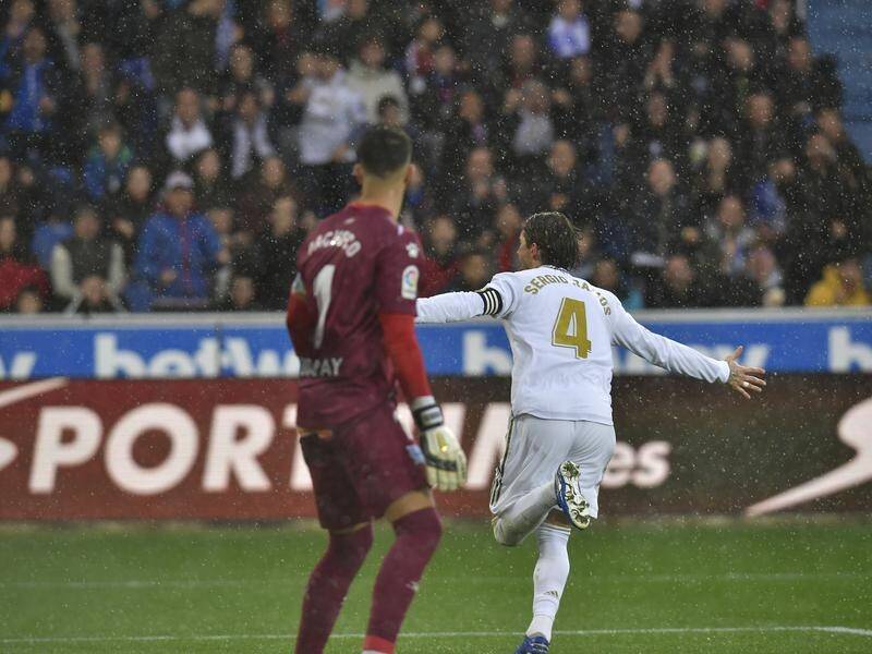 Sergio Ramos celebrates netting in Real Madrid's La Liga victory over Alaves.