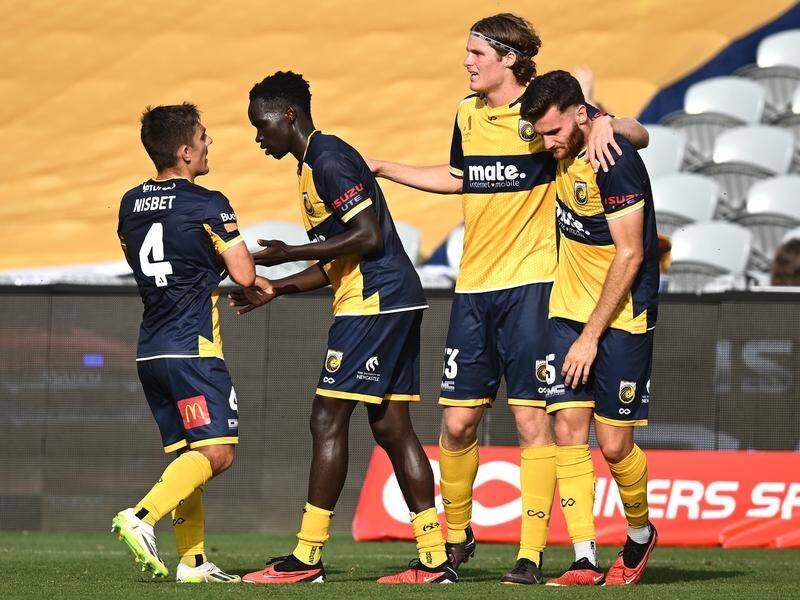 Central Coast have scored their first win of the ALM season, beating Newcastle 3-1 in the F3 derby. (Dan Himbrechts/AAP PHOTOS)