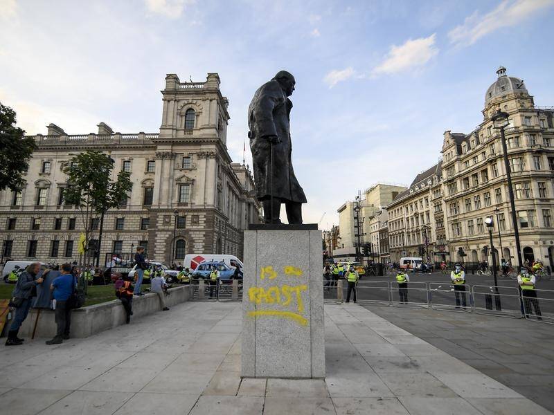 Police in the UK capital say they have arrested a man after a Winston Churchill statue was defaced.